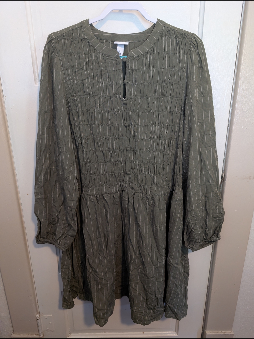 NWT Olive Green Spring Long Sleeve Smocked Dress Ava & Viv Plus Size 1X
